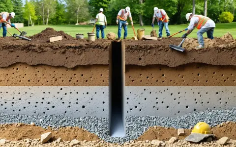 Des ouvriers creusent un puits pour un système de drainage. Le sol est représenté en coupe, montrant différentes couches poreuses.