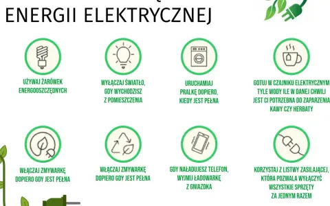 Grafika pokazuje, jak oszczędzać prąd: używaj żarówek energooszczędnych, wyłączaj światło, uruchamiaj pralkę i zmywarkę tylko gdy są pełne, wyjmuj ładowarkę z gniazdka.