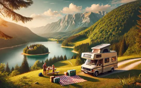 Rodzina cieszy się piknikiem podczas **camping słowenia**. Kamper stoi na trawie, obok rozłożony koc i bagaże. W tle jezioro i góry.