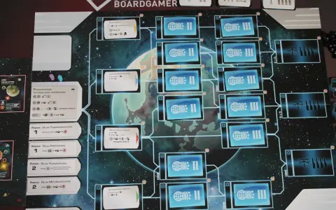 Plansza gry planszowej "Beyond the Sun", przedstawiająca kosmiczną technologię i rozwój cywilizacji.