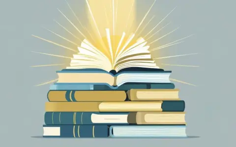 Una pila di libri, con quello in cima aperto e illuminato da raggi dorati, simboleggia la conoscenza e i libri del momento.