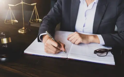 Prawnik sporządza przykładowe uzasadnienie wniosku o upadłość konsumencką. Na biurku waga sprawiedliwości i młotek sędziowski.