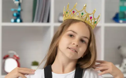 Mała egocentryczka w złotej koronie z klejnotami, pewna siebie, z uśmiechem na twarzy, na tle regału z książkami i zabawkami.