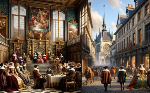 Scène de cour fastueuse et rue animée, évoquant l'esprit de la renaissance. Nobles en costumes d'époque, architecture grandiose.