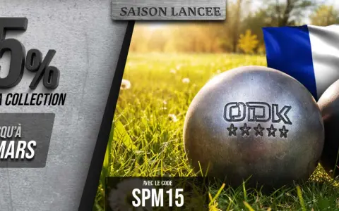Deux boules de pétanque ODK, symbole de la fabrication française, sur un fond d'herbe et de drapeau tricolore. Promotion -15%.
