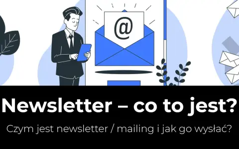 Ilustracja wyjaśnia, newsletter co to jest. Mężczyzna z tabletem patrzy na ikonę koperty z symbolem @.