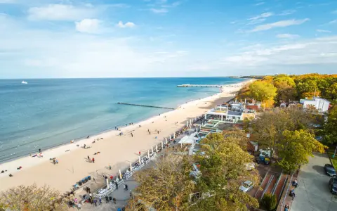 Słoneczna kołobrzeg plaża z ludźmi spacerującymi i odpoczywającymi. W tle morze i molo, a po prawej stronie drzewa w jesiennych barwach.