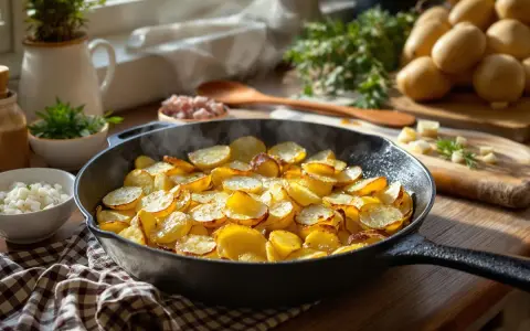 Heiß dampfende Bratkartoffeln in der Pfanne, ein Klassiker für jedes Bratkartoffeln Rezept. Dazu frische Kräuter und Speck.