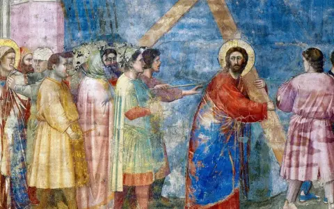 Jesus trägt sein Kreuz, eine Szene aus der jesus geschichte. Eine Gruppe von Menschen begleitet ihn, einige mitfühlend, andere gleichgültig.
