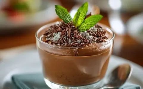 Délicieuse recette mousse au chocolat à l'ancienne, garnie de copeaux de chocolat et d'une touche de menthe fraîche. Un dessert onctueux et gourmand.