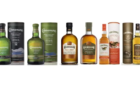 Verschiedene irische Whiskey Sorten: Connemara Peated Single Malt (12 Jahre & Original), Kilbeggan Single Grain & Small Batch Rye, The Tyrconnell Single Malt (Madeira Cask Finish, 15 Jahre).