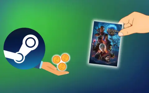 Ręka trzyma okładkę gry Baldur's Gate, a obok logo Steam i monety symbolizujące zwrot gry.