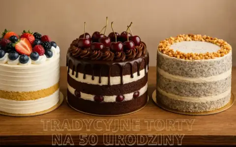 Trzy torty: owocowy, czekoladowy z wiśniami i makowy z orzechami. Idealne życzenia na 50 urodziny!
