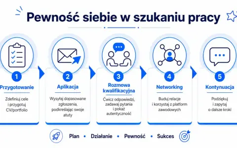 Schemat jak budować pewność siebie w szukaniu pracy: przygotowanie, aplikacja, rozmowa, networking, kontynuacja. Plan, działanie, pewność, sukces.