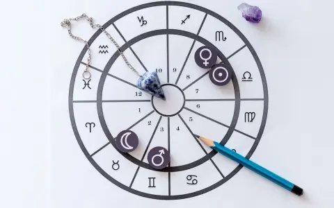 Wahadnik, jaki żywioł? Na kole zodiaku wisi wahadło, obok symbole planet i znaków.