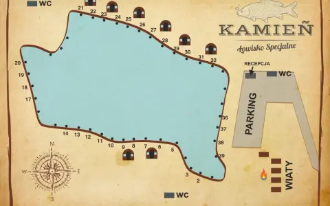 Mapa łowiska Kamień z zaznaczonymi stanowiskami, WC, parkingiem i recepcją. Idealne miejsce na wędkarską przygodę.