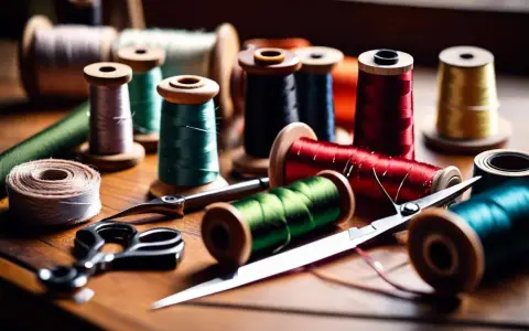 Bobines de fil colorées, ciseaux et une règle pour couture, prêts pour un projet créatif.