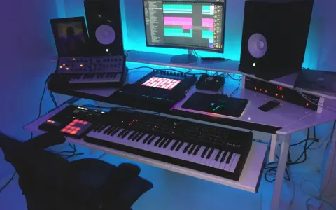 Studio z syntezatorami, kontrolerami i monitorami. Idealne miejsce do tworzenia muzyki, spełniające **fl studio wymagania**.
