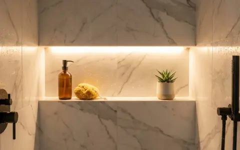 Une niche dans la salle de bain, éclairée par une lumière douce, présente une bouteille de savon, une éponge naturelle et une petite plante verte.