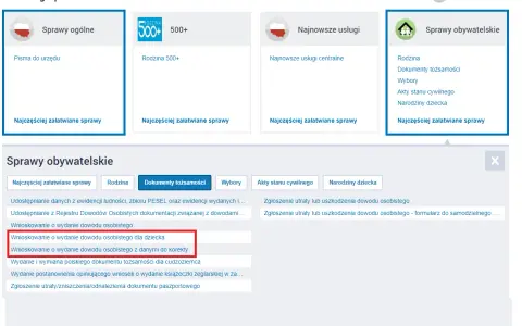 Wnioskowanie o wydanie dowodu osobistego dla dziecka online. Sekcja "Sprawy obywatelskie" zawiera opcję wnioskowania o dokument dla dziecka.