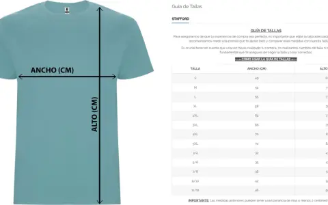 Guía de tallas para una blusa Stafford, mostrando cómo medir el ancho y alto en centímetros.