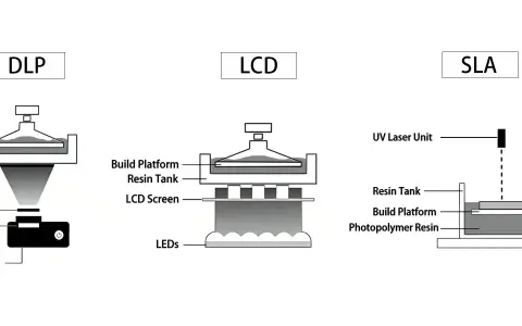 Diagrams illustrate DLP, LCD, and SLA high resolution 3d printer technologies, showing their unique light sources and resin curing methods.