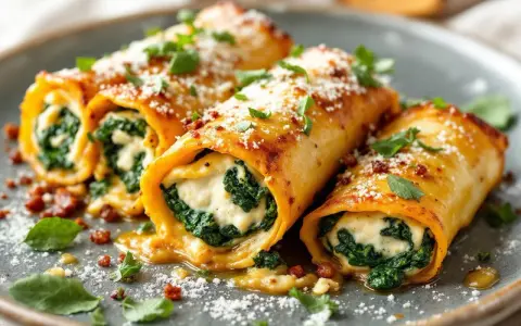 Cannelloni ricotta épinard, généreusement garnis et saupoudrés de parmesan, baignent dans une sauce savoureuse.