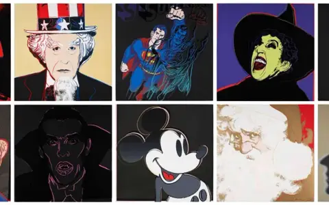 A collage of famous pop art pieces, featuring Uncle Sam, Superman, a witch, Mickey Mouse, Santa, and other iconic figures in vibrant colors.