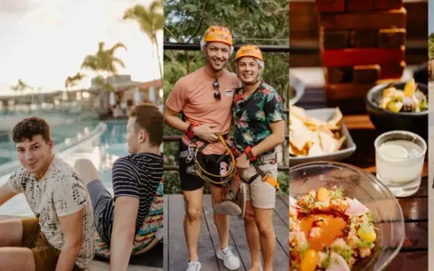 A gay couple enjoys a vacation in Tulum, Mexico, with poolside relaxation, zip-lining adventures, and delicious food.