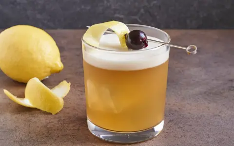 Ein erfrischender Amaretto Sour mit Zitronenzeste und Kirsche, daneben eine Zitrone.