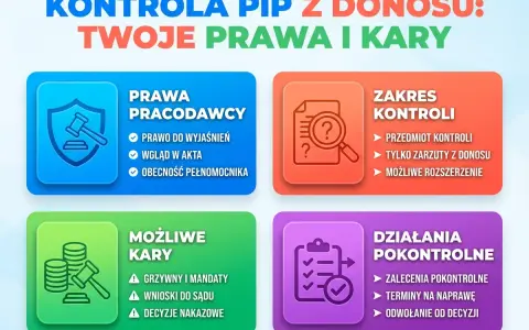 Grafika informuje o kontroli PIP z donosu, przedstawiając prawa pracodawcy, zakres kontroli, możliwe kary i działania pokontrolne.