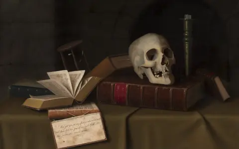 Czaszka na książkach, świeca i listek z cytatem z Szekspira. Memento mori utwory przypominają o przemijaniu.