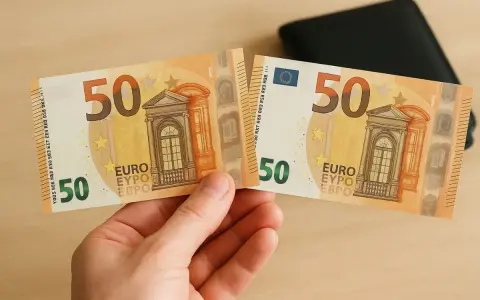 Une main tient deux moitiés d'un billet de 50 euros, prêt à être reconstitué. Un portefeuille noir est visible en arrière-plan.