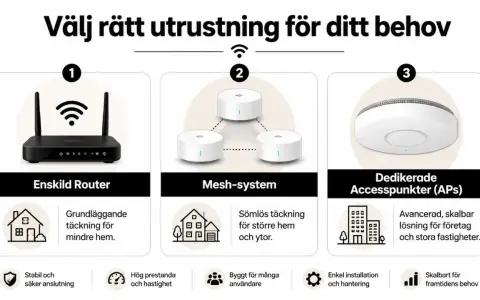 Bilden visar tre typer av nätverksutrustning: en router, ett mesh-system och dedikerade accesspunkter (APs). Varje typ beskrivs med sina fördelar, som grundläggande täckning för mindre hem, sömlös täckning för större ytor, eller avancerade, skalbara lö...