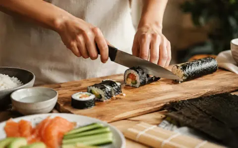 Oto jak się robi sushi: ręce kroją rolkę sushi na desce. Obok ryż, łosoś, awokado i ogórek.