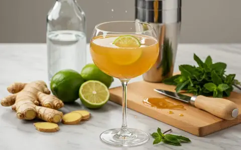 Un verre de boisson dorée garni d'une tranche de citron vert, entouré de gingembre frais, de citrons verts et de menthe. Une préparation pour une infusion gingembre citron rafraîchissante.