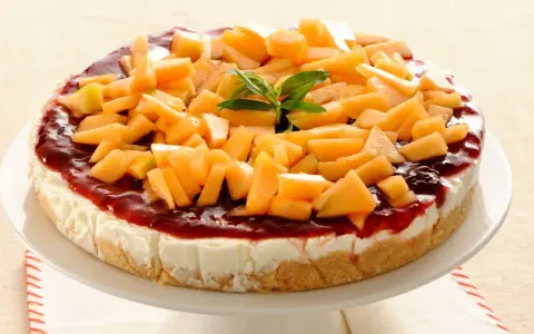 Deliziosa cheesecake al melone, con topping di frutta fresca e salsa rossa, su un piatto bianco.