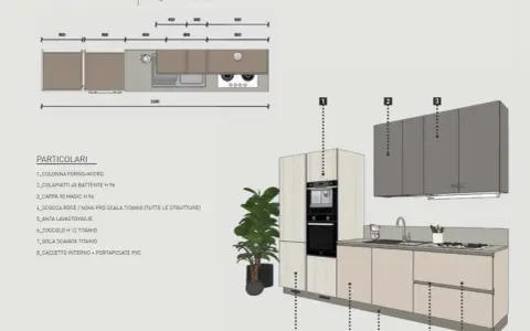Progetto cucina 4x3: composizione lineare con colonne forno, basi con lavello e piano cottura, pensili grigi.