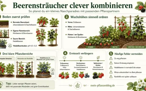 Tipps zum Beerenbeet anlegen: Boden prüfen, Wuchshöhen ordnen, Pflanzbereiche wählen, Erntezeit verlängern und Fehler vermeiden.