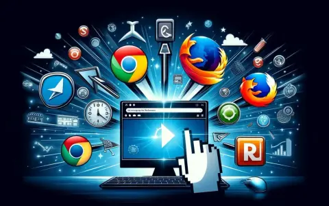 Ikony przeglądarek internetowych (Chrome, Firefox) i komputer z kursorem myszy na tle sieci.