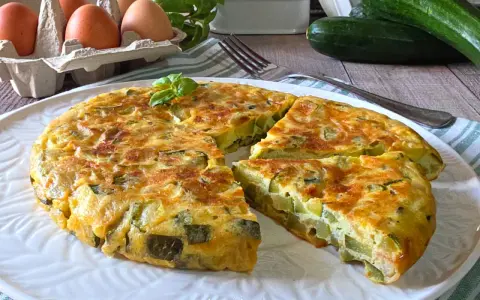 Una gustosa frittata di zucchine, dorata e soffice, con zucchine fresche, uova e basilico. Perfetta per un pasto leggero.