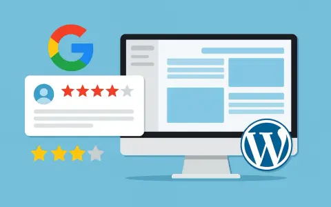Un ordinateur affiche un site web WordPress. À côté, le logo Google et une bulle d'avis avec des étoiles, symbolisant un plugin WordPress avis Google.