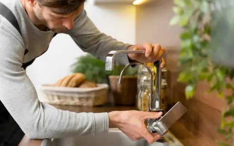 Hombre ajustando grifo de cocina para regular la presión del agua en casa.