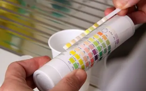 Bandelette réactive pour la mesure de dureté de l'eau, comparée à un tableau de couleurs.