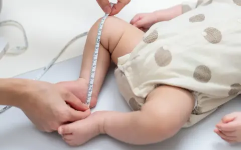 Dziecko w body w kropki, mierzone centymetrem. Sprawdzanie, jaki to rozmiar dla malucha do 3 miesięcy.