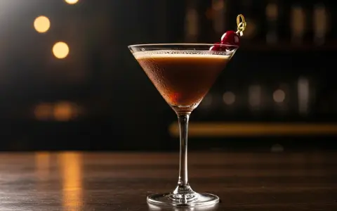 En Kahlúa Sour, en mörk, skummande cocktail i ett martiniglas, garnerad med körsbär. Perfekt för en mysig kväll.