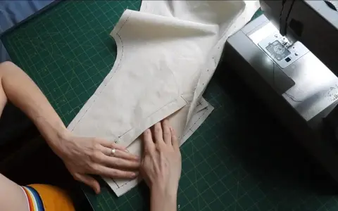 Mains travaillant sur un patron de couture, ajustant un tissu pour une poche raglan, à côté d'une machine à coudre Singer.