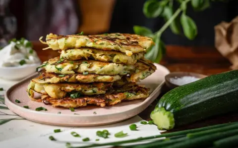 Stapel goldbrauner Zucchini Kartoffel Puffer, garniert mit Schnittlauch, neben frischem Zucchini und einer Schüssel Sauerrahm.