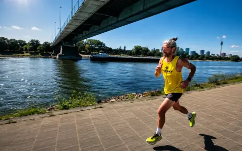Mann joggt bei 30 Grad am Fluss entlang unter einer Brücke. Sonnenschein, Wasser und eine Skyline im Hintergrund.