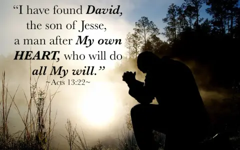 Silhouette of a man praying in a misty forest at sunrise, with text quoting Acts 13:22 about David, a man after God's own HEART.
